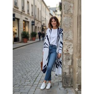 Chico's Dark Navy Blue & White Exploding Palms Cotton Duster Cardigan sz 1/US M